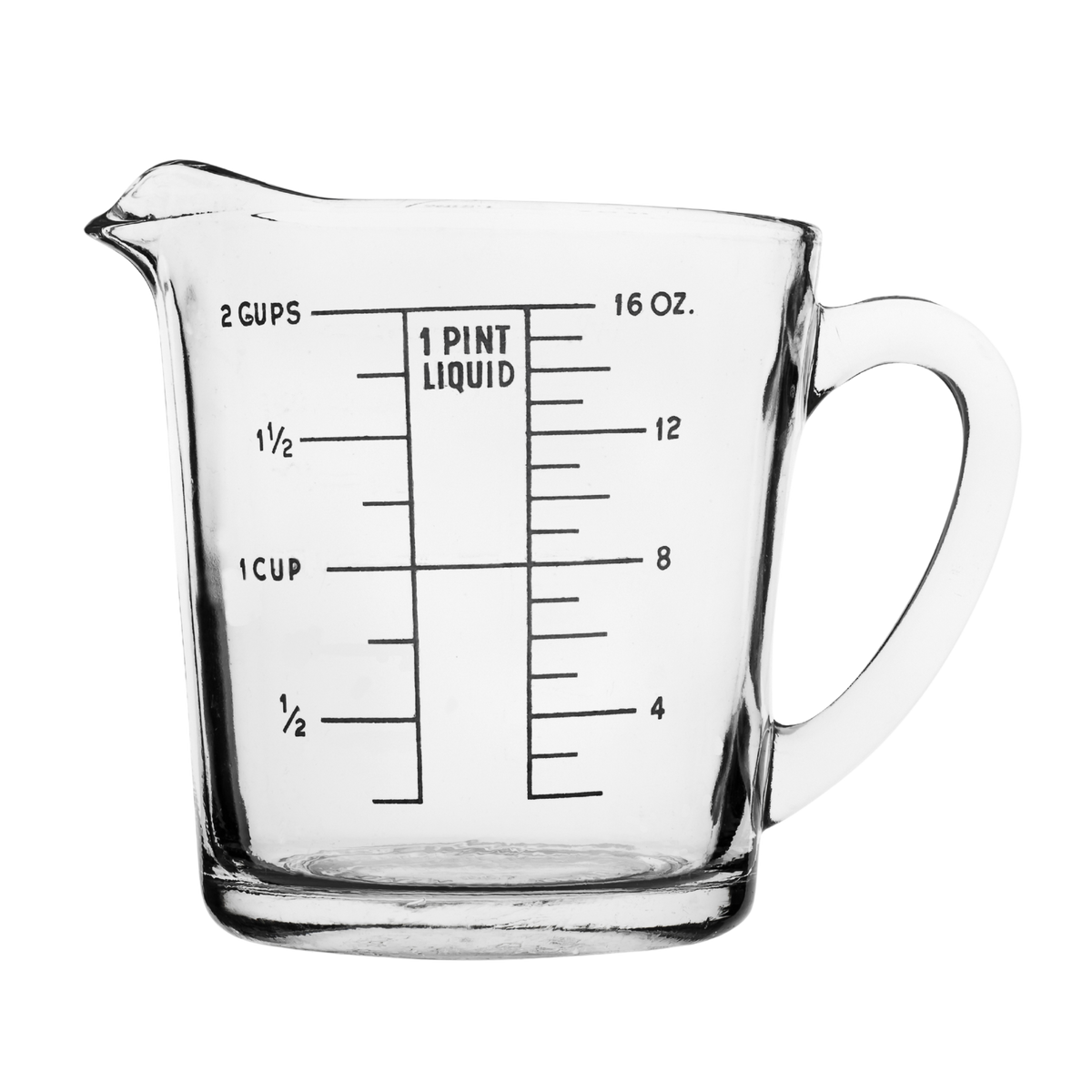 Clear glass measuring cup with black printed measurement markings for cups and ounces, shown on a plain white background.
