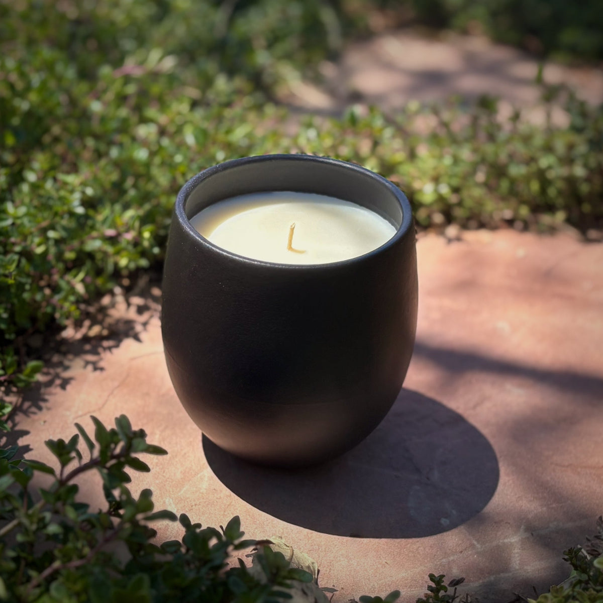 Organic candle in black ceramic vessel on a stone surface with greenery around