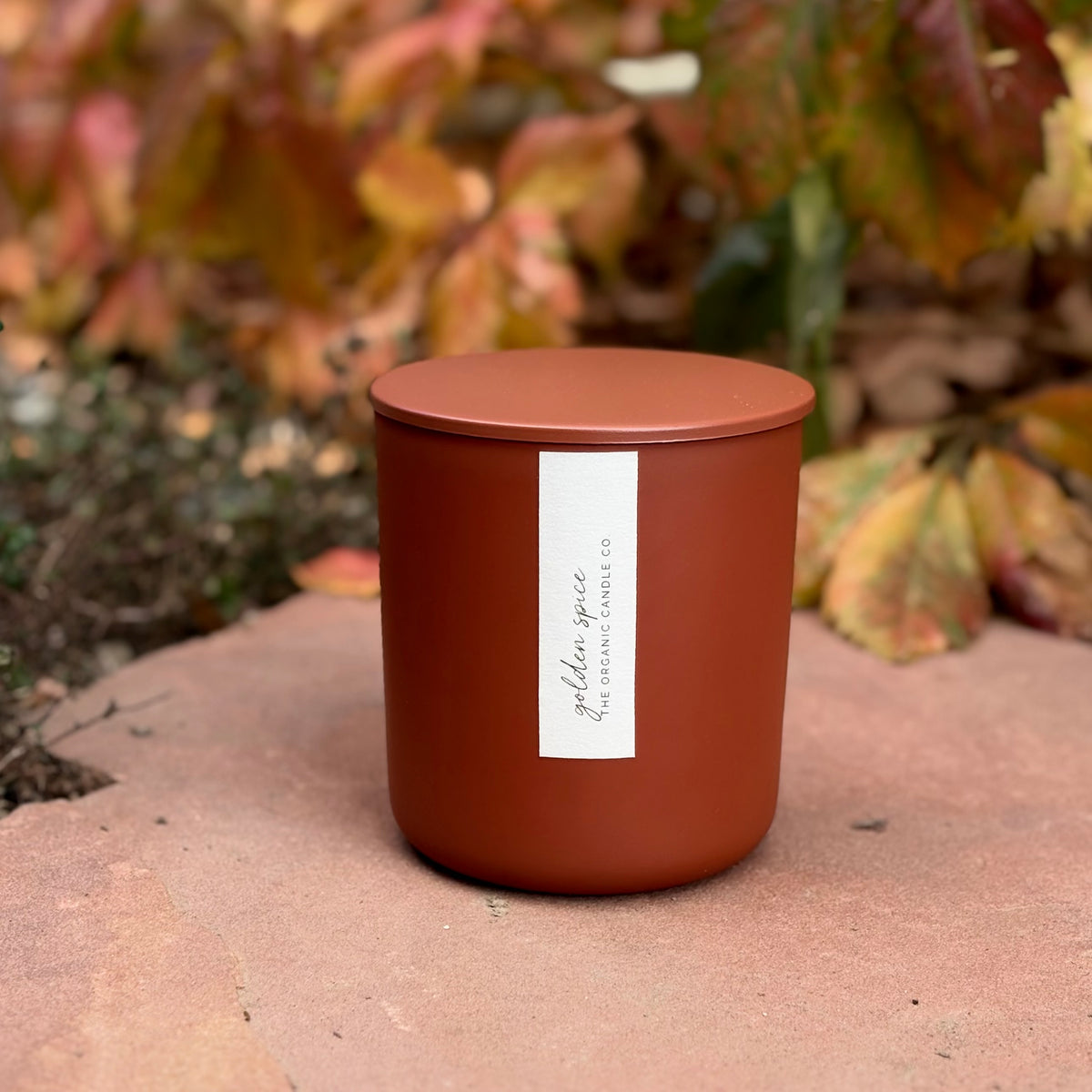 An organic candle in a matte terracotta-colored jar candle with a matching lid sits on a stone surface outdoors, with blurred autumn foliage in the background. A white vertical label on the front reads 'golden spice' and 'The Organic Candle Co.